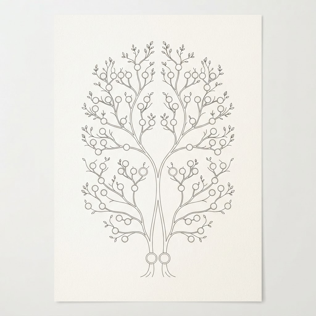 Exemple d'arbre généalogique composé par Linelys : plusieurs générations reliées par des branches, chaque personne représentée par un médaillon.